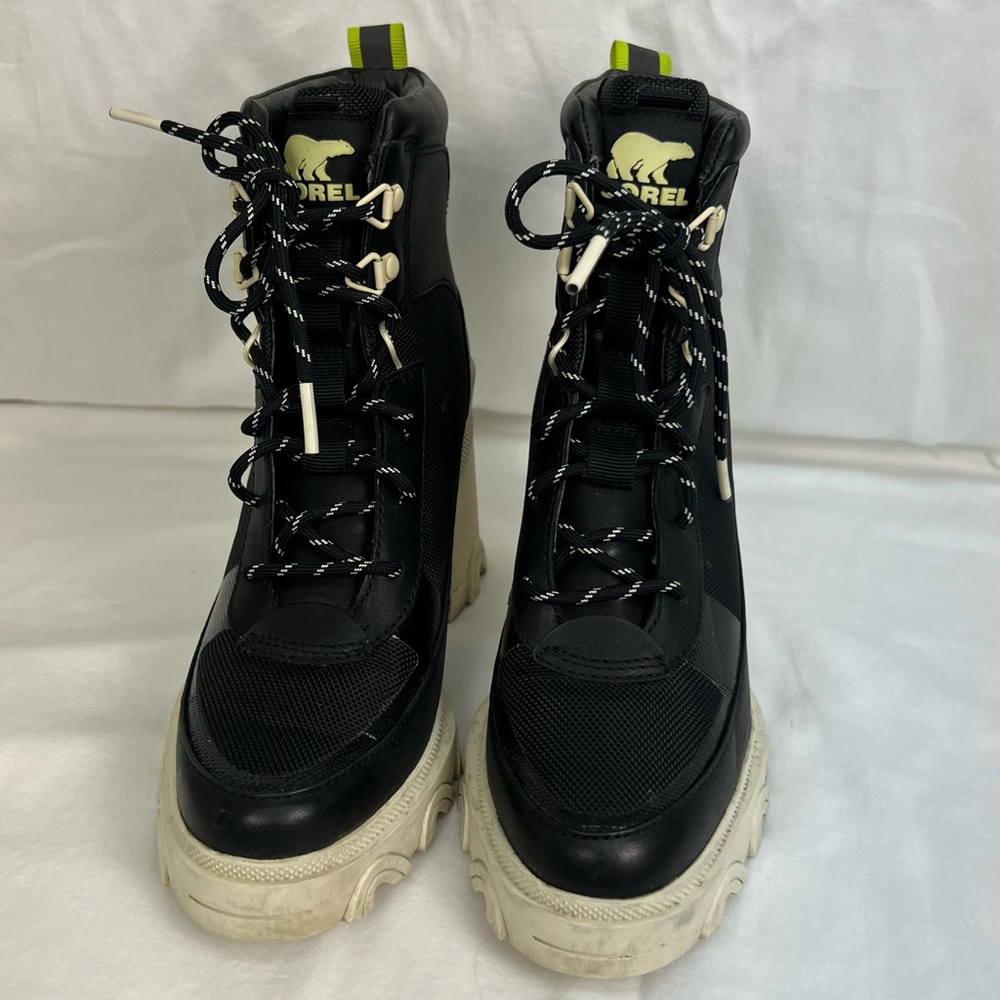 Sorel Brex Lace-up Booties in black, cream with lime green details. - Picture 2 of 11